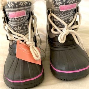 London fog winter boots, pink, gray white